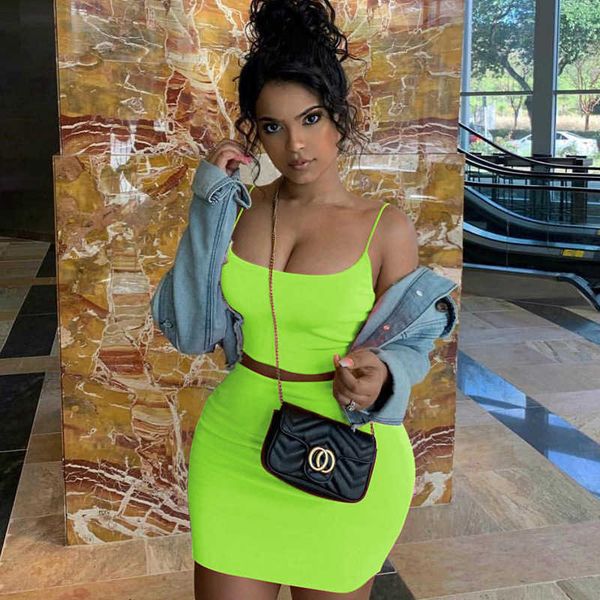 

runway dresses women two piece summer spaghetti strap camis crop higt waist mini skirt fashion neon green orange solid party sets va0b, Black