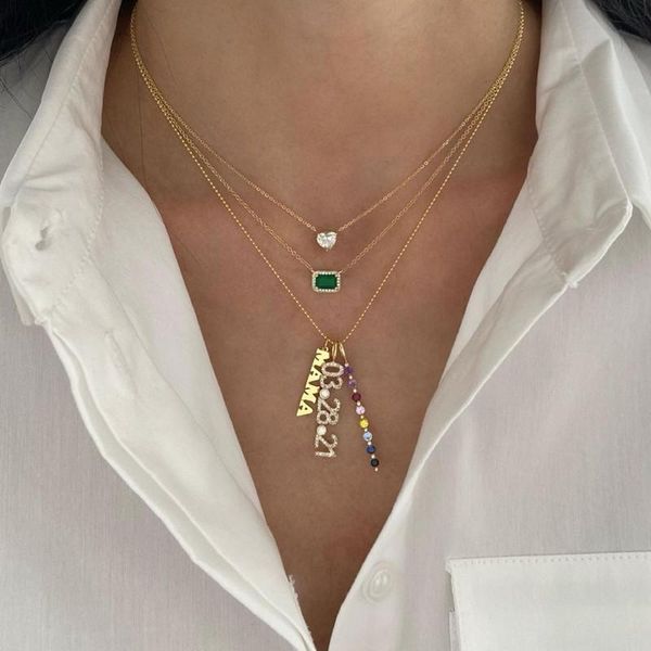 pendant necklaces fashion simple heart clavicle chain geometric green square short necklace with letter, Silver