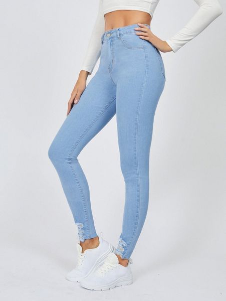 tall ripped raw hem skinny jeans t8mj#, Blue