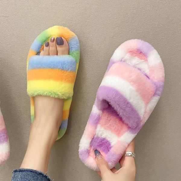 slippers 2021 fluffy shoes women winter warm home faux fur cozy furry slides soft floor plush, Black