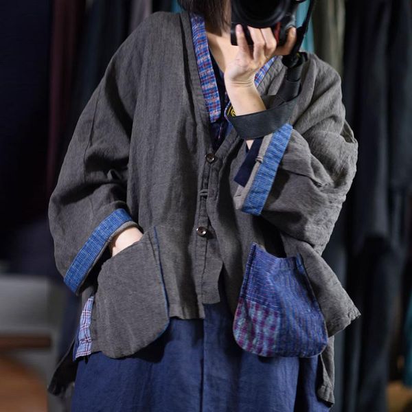 women's jackets johnature women linen patchwork short coat vintage pockets plaid 2021 autumn long sleeve casual v-neck coats, Black;brown
women's jackets johnature women linen patchwork short coat vintage pockets plaid 2021 autumn long sleeve casual v-neck coats, Black;brown