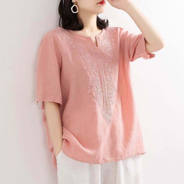 T-shirt Large solid V-neck linen shirt women's summer new T-shirt loose Pullover embroidered short sleeve top, White
T-shirt Large solid V-neck linen shirt women's summer new T-shirt loose Pullover embroidered short sleeve top, White