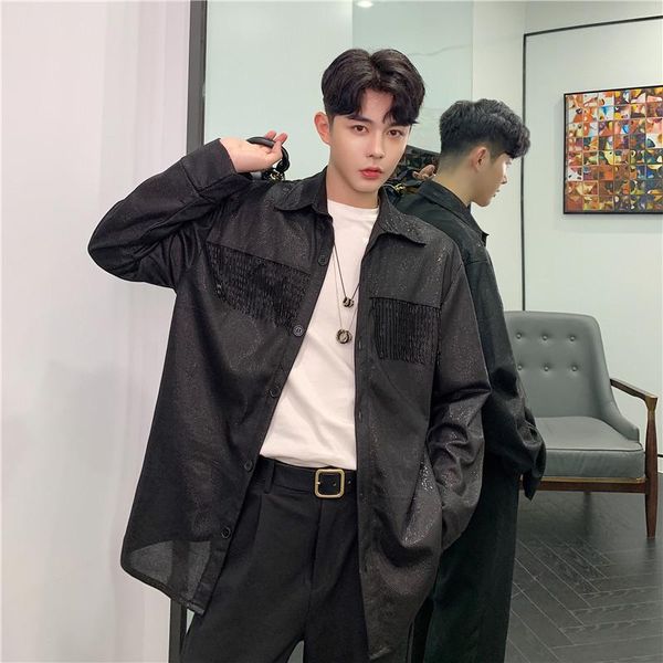 men's casual shirts men shining shirt cardigan long sleeve metal tassel loose coat male women streetwear hip hop punk stage outerwear, White;black
men's casual shirts men shining shirt cardigan long sleeve metal tassel loose coat male women streetwear hip hop punk stage outerwear, White;black