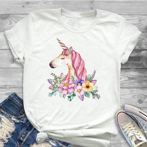pink unicorn flower printed women t shirts short sleeve tee clothes graphic, White