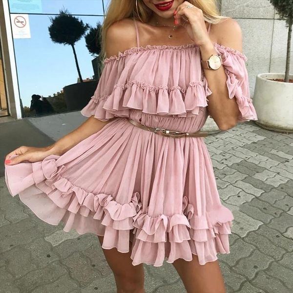 off shoulder strap chiffon womens dresses summer ruffle pleated short pink elegant holiday loose beach mini, Black;gray
off shoulder strap chiffon womens dresses summer ruffle pleated short pink elegant holiday loose beach mini, Black;gray
