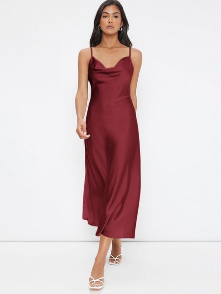 cowl neck solid slip dress a3e6#, Black;gray