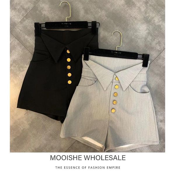 women's shorts autumn wide leg style cuffed button decoration woman trend high waist women, White;black
women's shorts autumn wide leg style cuffed button decoration woman trend high waist women, White;black