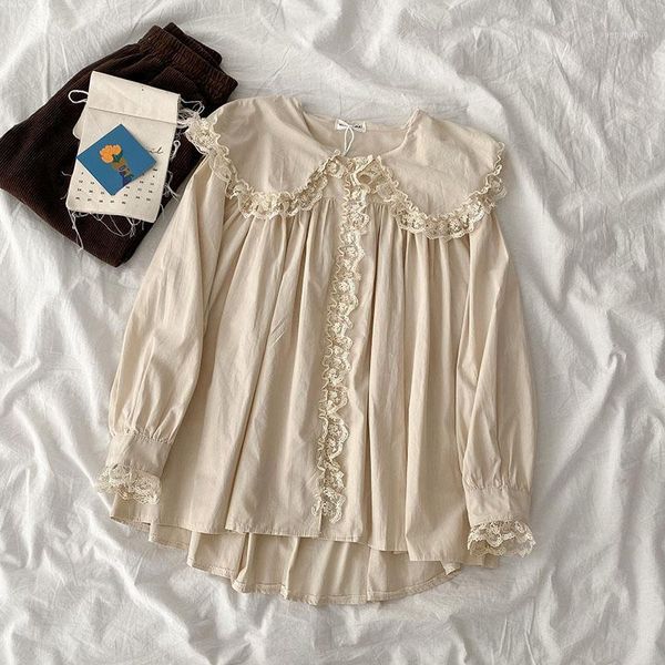 lace patchwork women shirts summer 2021 turn-down collar solid long-sleeved loose lady elegant outwear women's blouses &, White 
lace patchwork women shirts summer 2021 turn-down collar solid long-sleeved loose lady elegant outwear women's blouses &, White