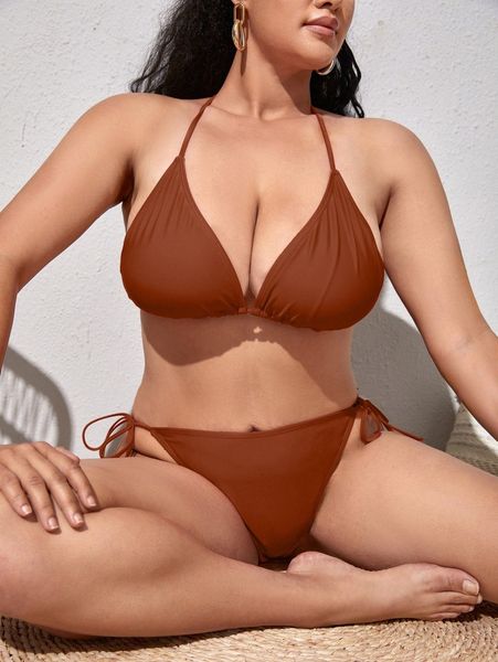 plus solid halter triangle bikini swimsuit 989o#, Black
plus solid halter triangle bikini swimsuit 989o#, Black