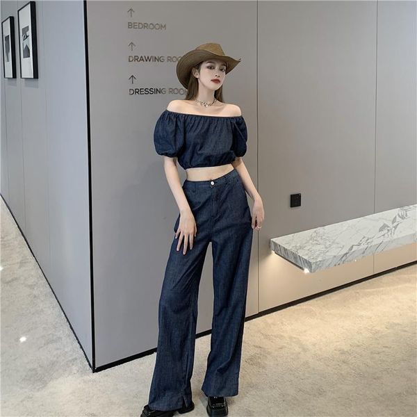 women's tracksuits retro denim two piece trousers set women summer puff sleeve off shoulder crop + straight wide leg jeans suits, Gray
women's tracksuits retro denim two piece trousers set women summer puff sleeve off shoulder crop + straight wide leg jeans suits, Gray
