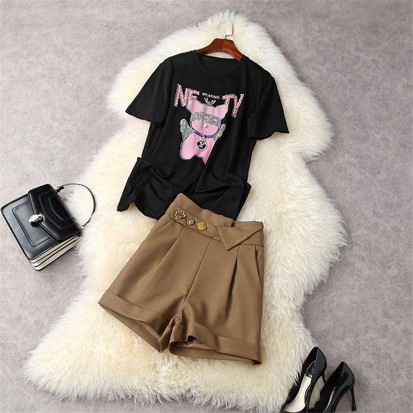 short female fashion runway piece summer designers elegant beads of cartoons t-shirt and shorts clothing suits, White;black
short female fashion runway piece summer designers elegant beads of cartoons t-shirt and shorts clothing suits, White;black