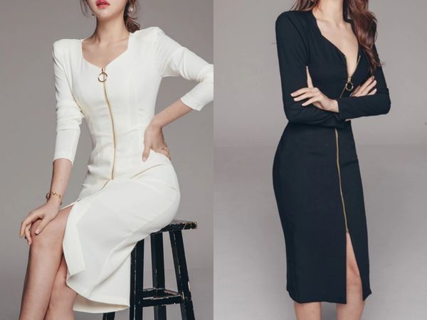 work dresses autumn and winter korean style office lady temperament slim zipper split hip dress n66z, White;black
work dresses autumn and winter korean style office lady temperament slim zipper split hip dress n66z, White;black