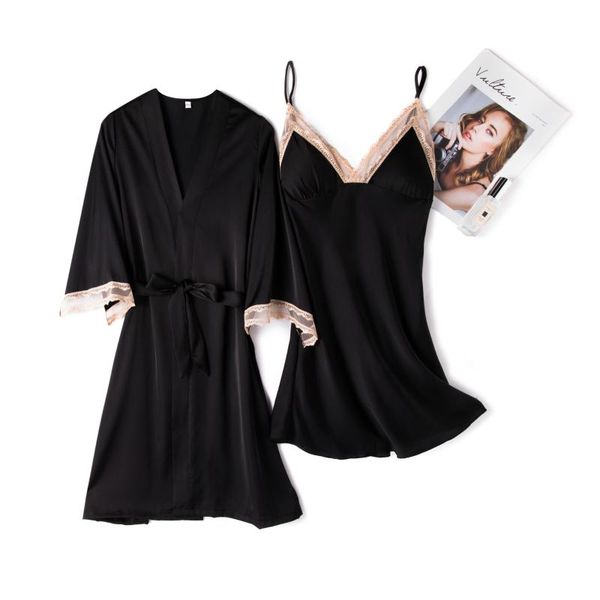 women's sleepwear summer spring 2pcs robe sets lace strap nighty kimono gown intimate lingerie satin nightgown with chestpads dress, Black;red
women's sleepwear summer spring 2pcs robe sets lace strap nighty kimono gown intimate lingerie satin nightgown with chestpads dress, Black;red