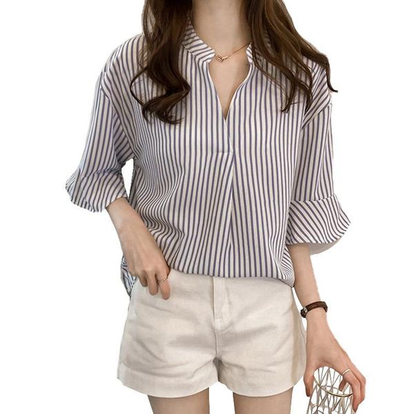 women's blouse summer loose v-neck striped pattern three-quarter sleeve casual shirt female blouses & shirts, White
women's blouse summer loose v-neck striped pattern three-quarter sleeve casual shirt female blouses & shirts, White