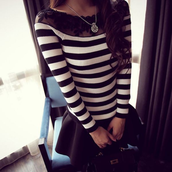 knitted women black and white striped blouse fashion lace floral embroidery shirts long sleeve knitwear x0521
knitted women black and white striped blouse fashion lace floral embroidery shirts long sleeve knitwear x0521