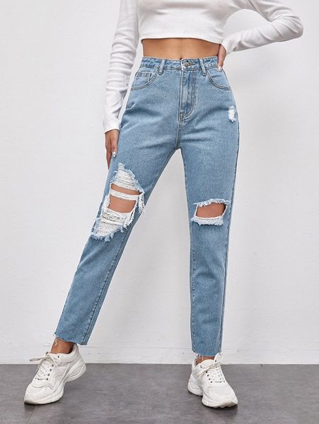high waist raw hem ripped mom jeans v3cn#, Blue 
high waist raw hem ripped mom jeans v3cn#, Blue