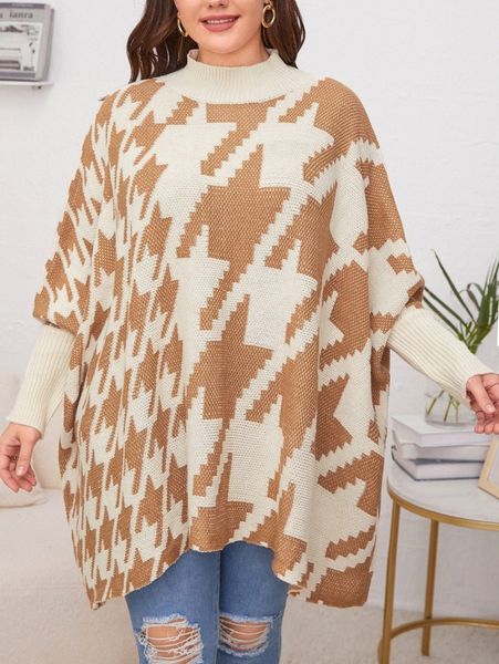 plus houndstooth pattern mock neck dolman sleeve sweater i1iw#, Black