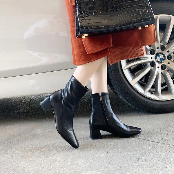 boots genuine sheepskin women thick-soled retro british style zipper square toe ankle, Black 
boots genuine sheepskin women thick-soled retro british style zipper square toe ankle, Black