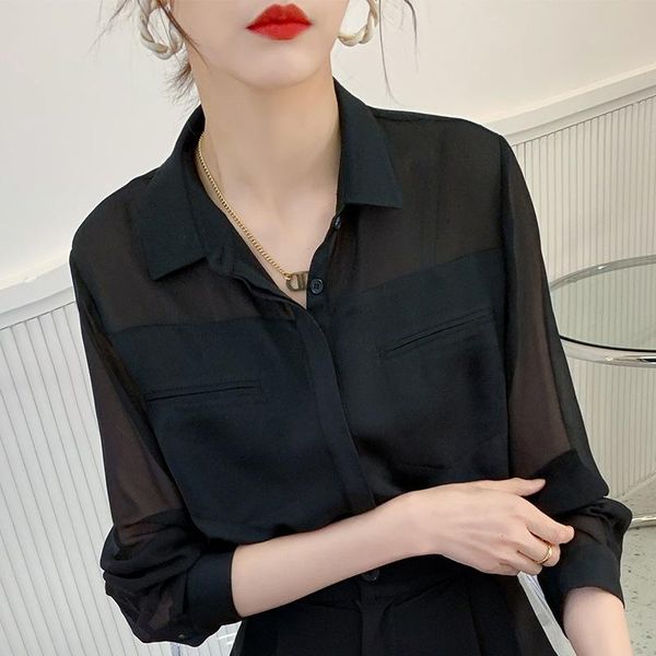 women's blouses & shirts 2021 spring stitching european version shirt mini transparent simple lapel single breasted long sleeve c1001, White
women's blouses & shirts 2021 spring stitching european version shirt mini transparent simple lapel single breasted long sleeve c1001, White