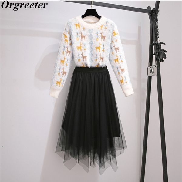 mesh skirt knitted pullover 2 piece set female fall winter mohair cartoon deer jacquard sweater and irregular 210525, White
mesh skirt knitted pullover 2 piece set female fall winter mohair cartoon deer jacquard sweater and irregular 210525, White