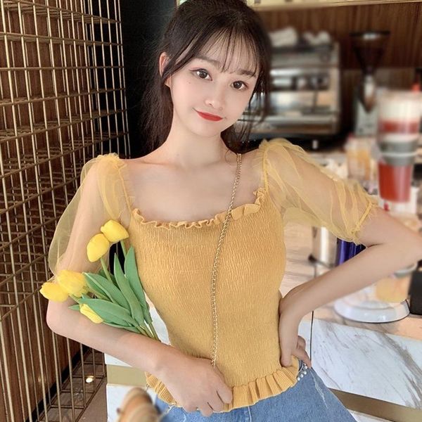 women's t-shirt fashion slash neck see through mesh women sweet patchwork puff sleeve shirt summer short t, White
women's t-shirt fashion slash neck see through mesh women sweet patchwork puff sleeve shirt summer short t, White