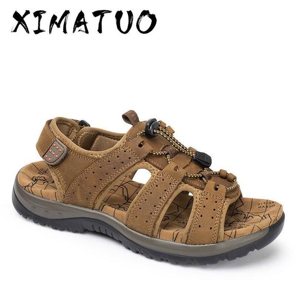 sandals genuine leather men summer beach shoes fashion breathable slippers causal plus size 39-45 rxm003, Black