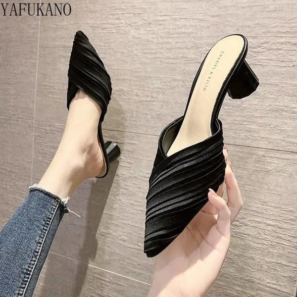 summer fashion pointed toe pleated women slippers elegant ladies party dress slides high heel mules half round heels, Black
summer fashion pointed toe pleated women slippers elegant ladies party dress slides high heel mules half round heels, Black