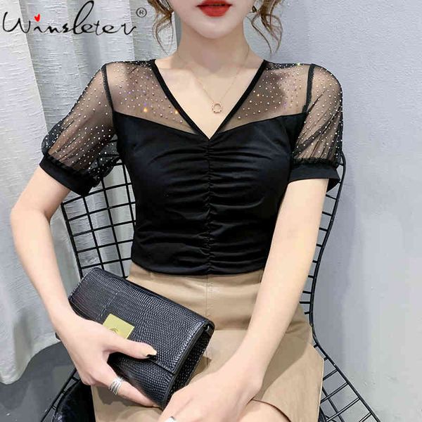 women's t-shirt summer korean style cotton fashion transparent v-neck spliced shiny diamonds women short sleeve tees t13, White
women's t-shirt summer korean style cotton fashion transparent v-neck spliced shiny diamonds women short sleeve tees t13, White