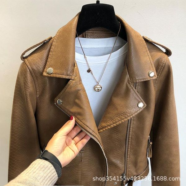 women's leather & faux jacket short spring and autumn 2021 korean version of the slim thin snake pattern motorcycle brow, Black
women's leather & faux jacket short spring and autumn 2021 korean version of the slim thin snake pattern motorcycle brow, Black