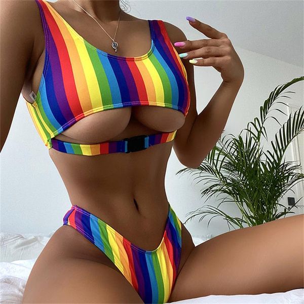 women's swimwear colorful rainbow stripe underboob bikini high cut leg thong swimsuit buckle women 2021 swim beach wear bath suit, White;black
women's swimwear colorful rainbow stripe underboob bikini high cut leg thong swimsuit buckle women 2021 swim beach wear bath suit, White;black