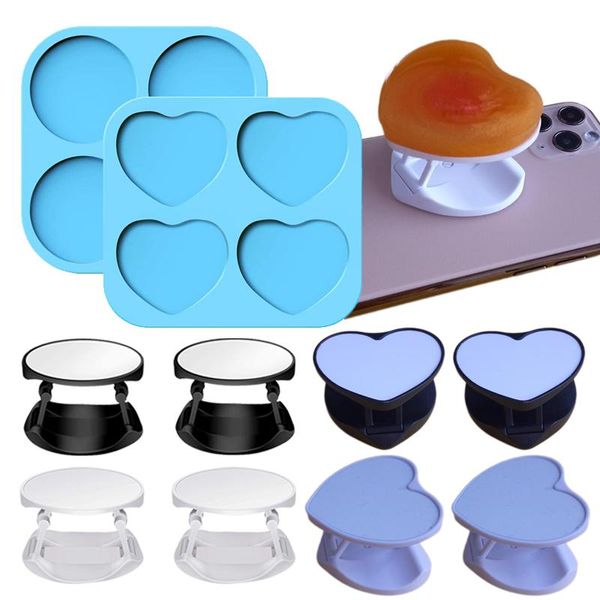 cell phone mounts & holders heart shape cellphone epoxy resin silicone mold,round shaped grip mold with 8 pcs folding stand(white,black)