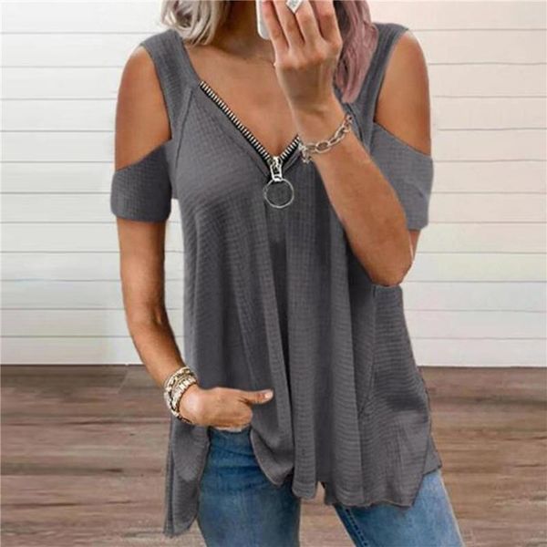 women's t-shirt casual fashion plus size v-neck zipper solid color short sleeve loose strapless, White
women's t-shirt casual fashion plus size v-neck zipper solid color short sleeve loose strapless, White