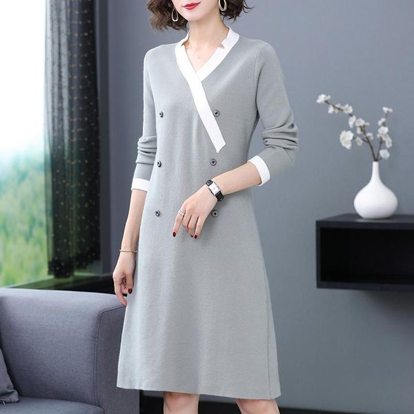 casual dresses 2021 autumn winter women's sweaters patchwork elegant v-neck dress long sleeve knitting, Black;gray
casual dresses 2021 autumn winter women's sweaters patchwork elegant v-neck dress long sleeve knitting, Black;gray