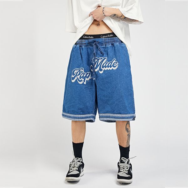 fashionable shorts letter embroidery stitching denim men's brand loose straight capris summer casual pants, White;black
fashionable shorts letter embroidery stitching denim men's brand loose straight capris summer casual pants, White;black