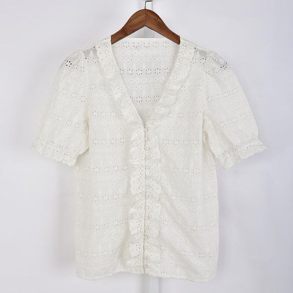 women's blouses & shirts 2021 embroidered lace blouse ladies v-neck hollow out sweet ruffles trim cotton short sleeve, White
women's blouses & shirts 2021 embroidered lace blouse ladies v-neck hollow out sweet ruffles trim cotton short sleeve, White
