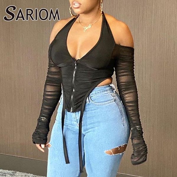 women's t-shirt irregular halter v-neck zipper cropped women hollow out ruched mesh long sleeve tshirts backless strap tee shirt femme, White
women's t-shirt irregular halter v-neck zipper cropped women hollow out ruched mesh long sleeve tshirts backless strap tee shirt femme, White