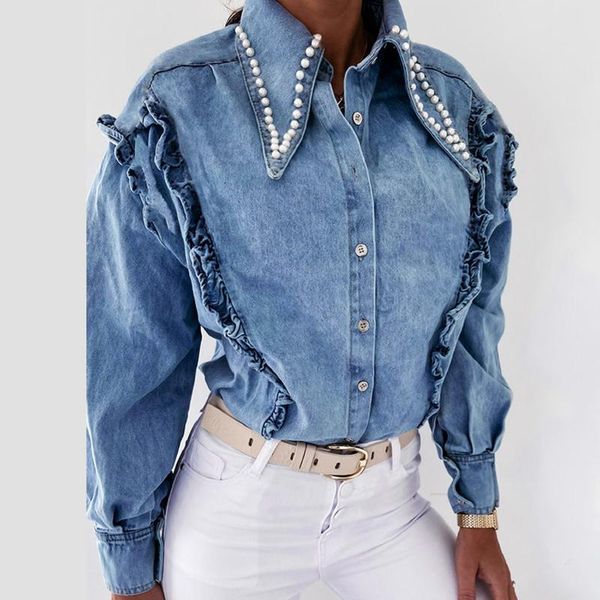 women's blouses & shirts big lapel denim blouse women autumn elegant bule pearl collar puff sleeve shirt vintage ruffles buttons cardig, White
women's blouses & shirts big lapel denim blouse women autumn elegant bule pearl collar puff sleeve shirt vintage ruffles buttons cardig, White