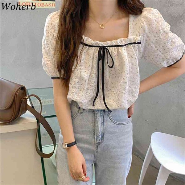 square collar shirts flower print short puff sleeve vintage sweet chic loose all match lace-up blusas streetwear 210519, White
square collar shirts flower print short puff sleeve vintage sweet chic loose all match lace-up blusas streetwear 210519, White