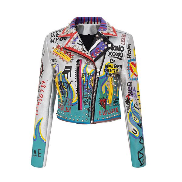 women's leather & faux fashion graffiti rivet beading pu coats women chains sticthing jacket punk rock cropped, Black
women's leather & faux fashion graffiti rivet beading pu coats women chains sticthing jacket punk rock cropped, Black