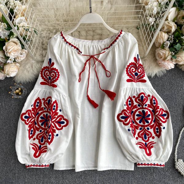 womens retro blouse national style embroidered lace-up tassel v-neck lantern sleeve loose all-match female blusa gk536, White
womens retro blouse national style embroidered lace-up tassel v-neck lantern sleeve loose all-match female blusa gk536, White