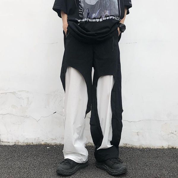 men's pants 2021 trend high street style personality layered stitching workwear casual trousers men, Black 
men's pants 2021 trend high street style personality layered stitching workwear casual trousers men, Black
