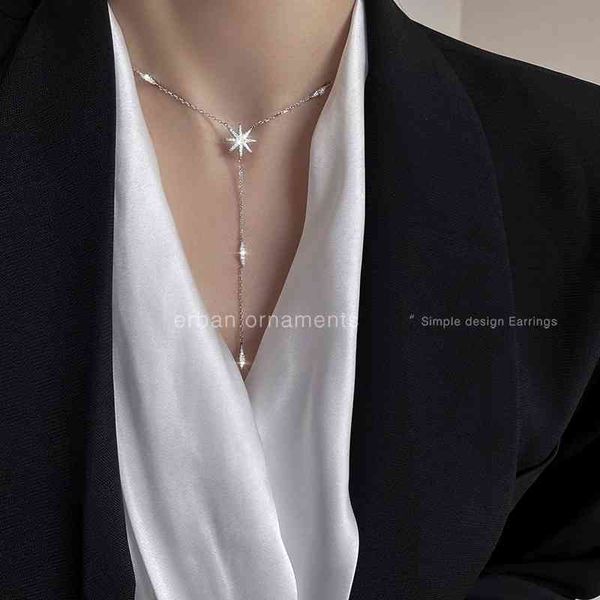925 sterling silver necklace, women's eight star zircon jewelry, japanese and korean temperament, design sense, long simple clavicle ch, Black
925 sterling silver necklace, women's eight star zircon jewelry, japanese and korean temperament, design sense, long simple clavicle ch, Black