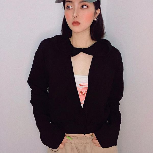 women's hoodies & sweatshirts european and american ins chest hollowed out solid color hooded show female short section exposed navel, Black
women's hoodies & sweatshirts european and american ins chest hollowed out solid color hooded show female short section exposed navel, Black