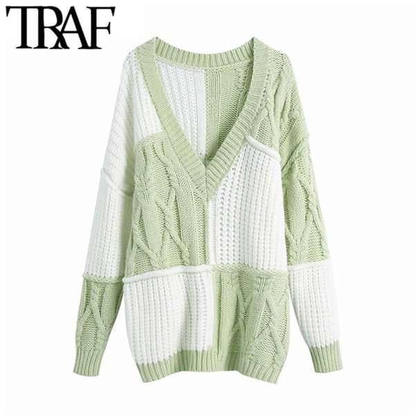 women fashion patchwork oversized knitted sweater vintage o neck long sleeve female pullovers chic 210507, White;black
women fashion patchwork oversized knitted sweater vintage o neck long sleeve female pullovers chic 210507, White;black