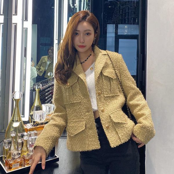 women's jackets tweed suit elegant yellow button coat cardigans four-pocket short jacket designer fall winter clothes 2021, Black;brown