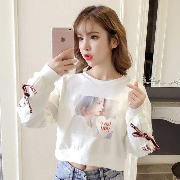women's hoodies & sweatshirts spring autumn print long sleeve o-neck crop casual women clothing pullovers white korean style tie rope, Black
