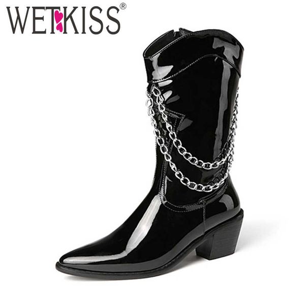 wetkiss women's patent leather mid calf boots silver chain pointed toe block heel fashion casual chunky bootie 210630, Black
wetkiss women's patent leather mid calf boots silver chain pointed toe block heel fashion casual chunky bootie 210630, Black
