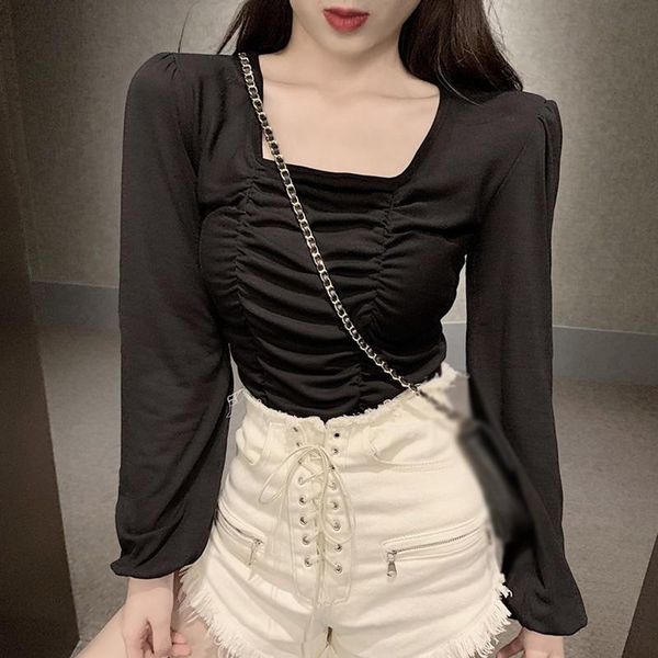 women's cotton square neck exposed clavicle long-sleeved t-shirt slim pleated bottoming women's, White
women's cotton square neck exposed clavicle long-sleeved t-shirt slim pleated bottoming women's, White