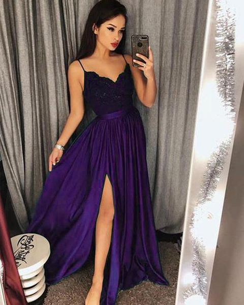 party dresses spaghetti straps lace satin a line prom dress gown with slit 2021, White;black
party dresses spaghetti straps lace satin a line prom dress gown with slit 2021, White;black