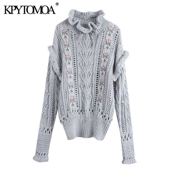 women fashion embroidery ruffled loose knitted sweater vintage high neck long sleeve female pullovers chic 210416, White;black
women fashion embroidery ruffled loose knitted sweater vintage high neck long sleeve female pullovers chic 210416, White;black